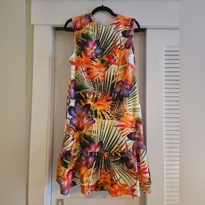 Donna Ricco White Tropical Shift Dress with Orange & Green Print